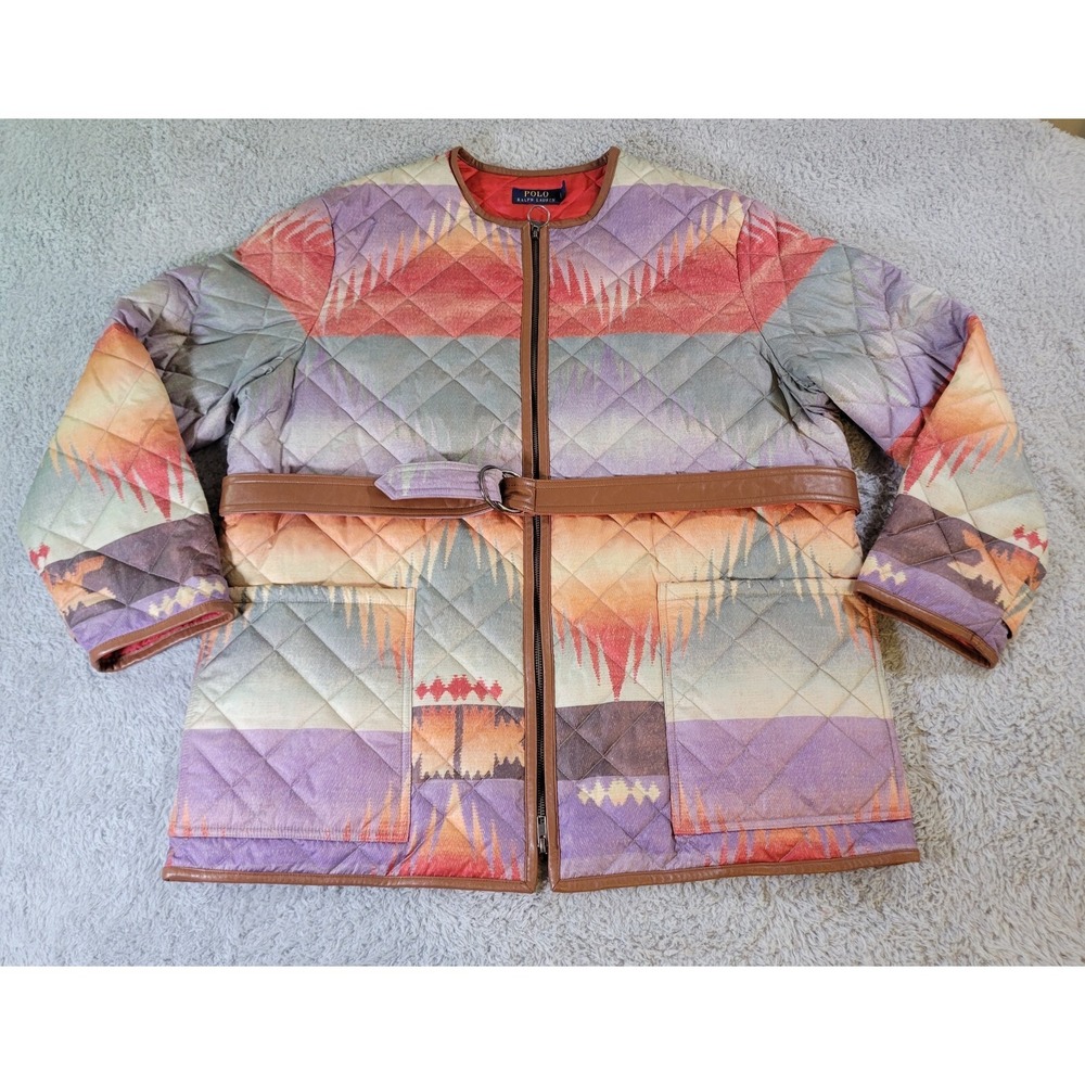 Polo Ralph Lauren Aztec Puffer Jacket Womens Large Sunset Lamb Leather Trim